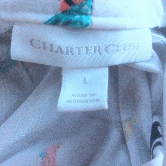 Charter Club White w/ Colorful Tropical Bird V-neck Pullover Blouse Size Large - Picture 3 of 7